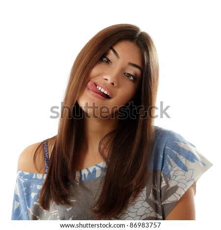 stock photo teen girl make crazy funny faces lick with tongue isolated on 