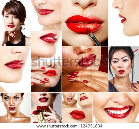 Perfect red female lips set. Beautiful asian, african and caucasian women with red lipstick.