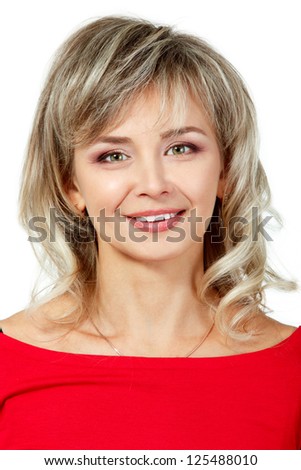 mid adult cheerful woman portrait in red, attractive caucasian middle 40 years old woman over white