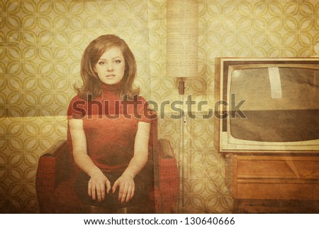 art portrait of young woman looking out at camera in room with vintage wallpaper and interior, retro stylization 60-70s, toned