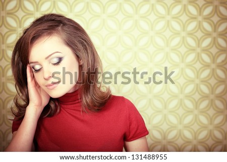 art portrait of young woman in room with vintage wallpaper, retro stylization 60-70s, toned