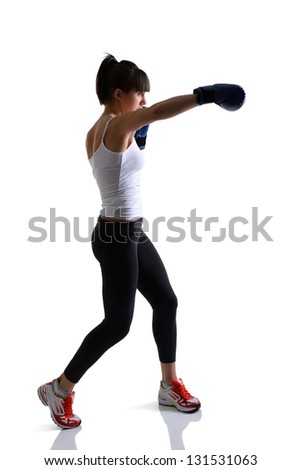 sport girl doing with exercise with boxing gloves, fitness woman studio shot in silhouette technique over white background