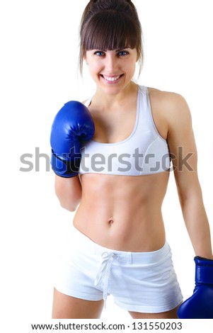 sport young woman boxing gloves, face of fitness girl studio shot over white background