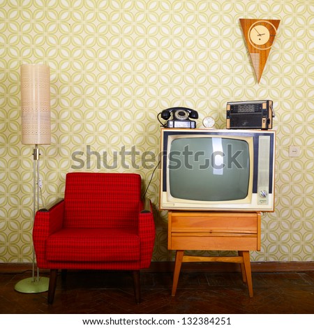 Vintage Room With Wallpaper, Old Fashioned Armchair, Retro Tv, Phone, Clocks, Radio Player And Standart Lamp