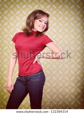 art portrait of young smiling ecstatic woman in room with vintage wallpaper, retro stylization 60-70s, toned