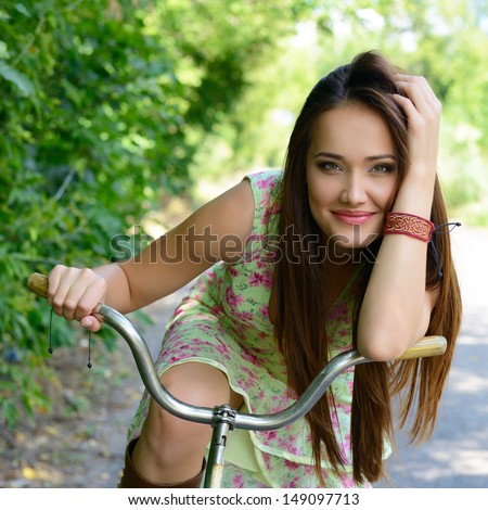 Happy Young Beautiful Woman With Retro Bicycle, Summer Outdoor