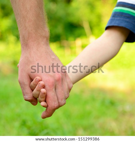 Hands, Father Lead His Child In Summer Garden Nature Outdoor, Trust Family Concept