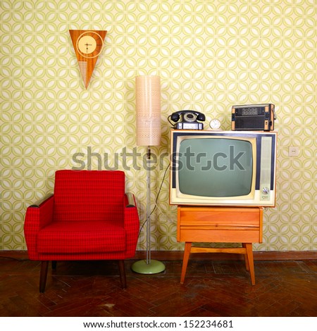 Vintage Room With Wallpaper, Old Fashioned Armchair, Retro Tv, Phone, Clocks, Radio Player And Standart Lamp