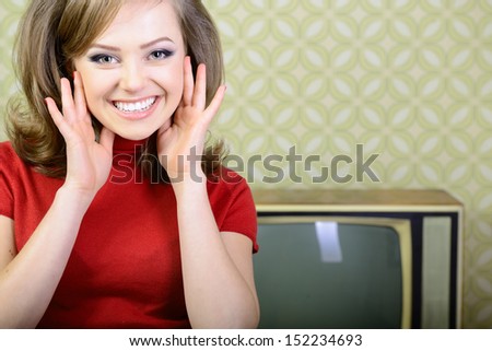 vintage art portrait of young smiling woman looking out at camera in room with wallpaper and tv set from 70s, retro stylization, toned
