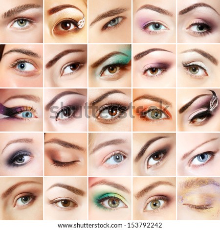 Eyes set. Collage of beautiful female eyes with makeup. Isolated over white background