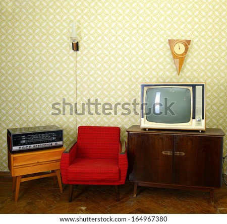 Vintage Room With Wallpaper, Old Fashioned Armchair, Retro Tv, Clocks, Radio Player And Lamp