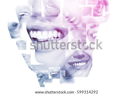 Double exposure of laughing people with great teeth and female face closeup. Healthy beautiful female smiles. Teeth health, whitening, prosthetics and care.