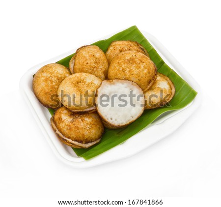 Kind of Thai sweetmeat in foam box on white background