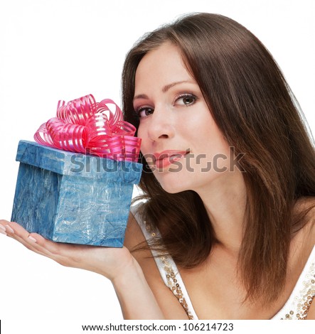 Gifts Women Beauty on Stock Photo   Beautiful Young Woman Holding Blue Gift Box With Red Bow