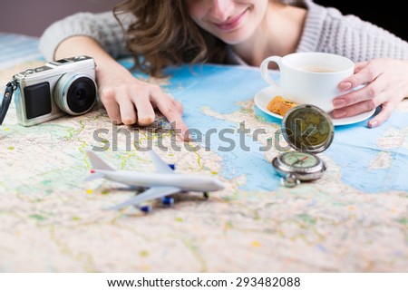 holidays and tourism concept. Coffee break for the dream of travel. Shallow depth of field
