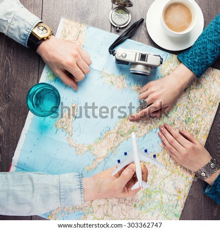 planning vacation trip with map. Top view. Instagram style photo. romantic getaway