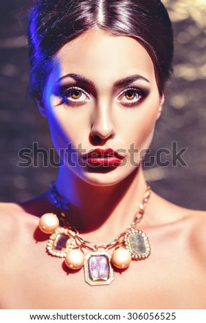 Beauty fashion dark hairy model with red lips
