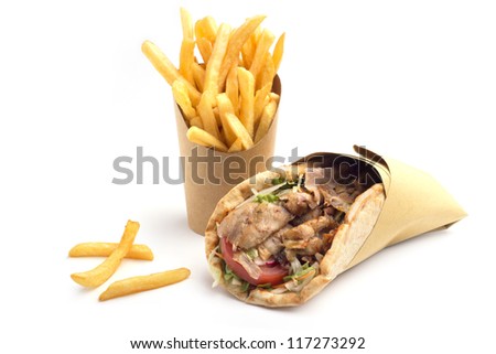kebab sandwich with french fries on white background kebab sandwich with french fries on white background
