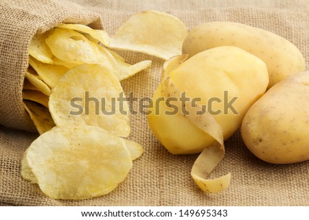 Chips And Peeled Potato On A Jute Texture