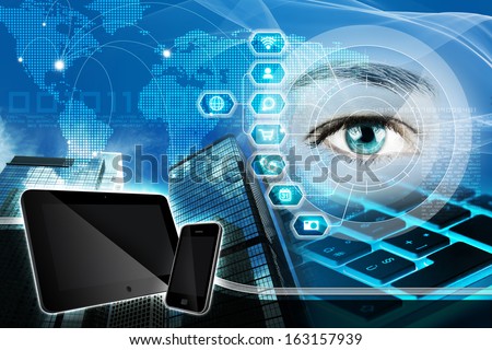 connecting devices and human eye in an abstract blue background