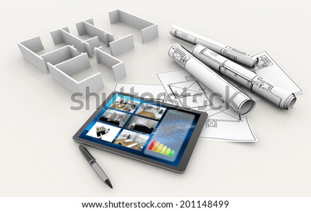 house model, blueprints, tablet and pen