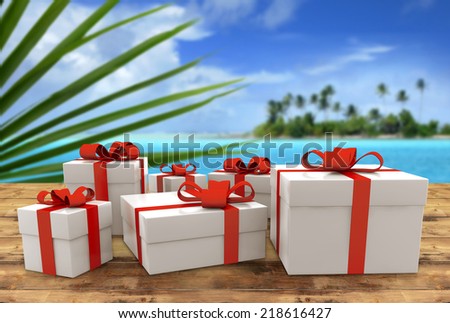 set of gift packs on wooden table in tropical landscape