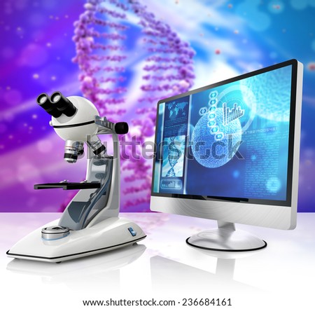 microscope and computer on scientific abstract background
