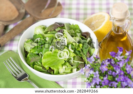 bowl of green salad and seasoning on checkered tablecloth