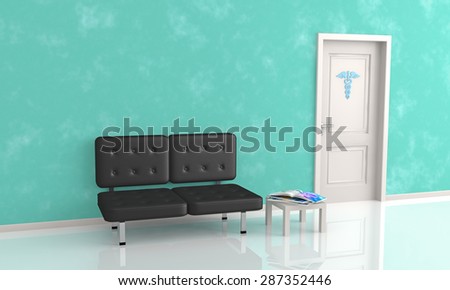 sofa and table in the waiting room of doctor\'s office