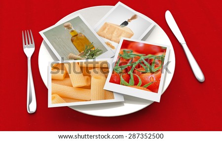 photographs of food inside a plate, fork and knife on red background