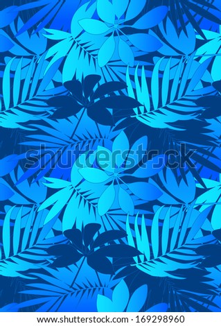 Blue tropical leaves in repeat pattern.