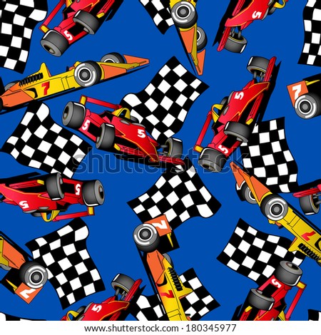 Seamless pattern of some racing cars on a blue background.