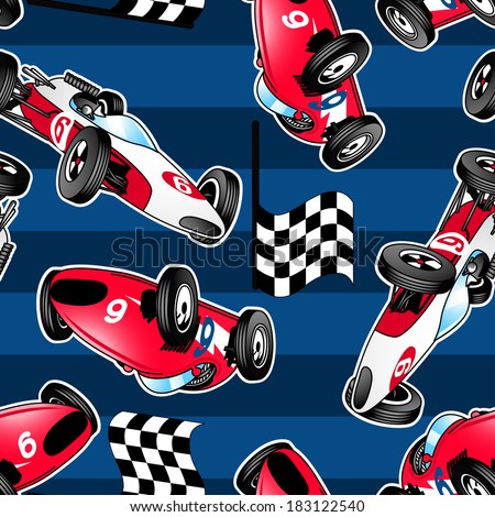 Racing cars with blue stripes in a seamless pattern.