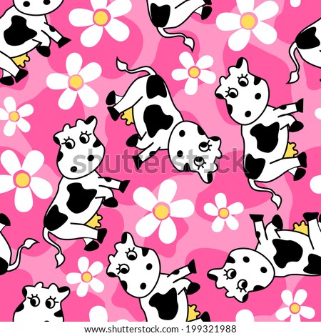Cute cow and flowers seamless pattern .