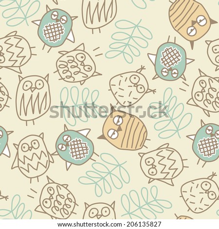 Cute owls in a seamless pattern .