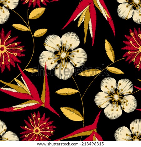 Tropical detailed embroidery floral design in a seamless pattern Tropical detailed embroidery floral design in a seamless pattern