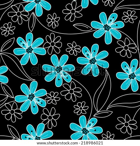 Light blue flowers on black and white embroidery in a seamless pattern .