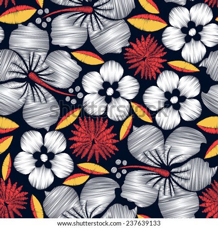 Hibiscus tropical embroidery seamless pattern .