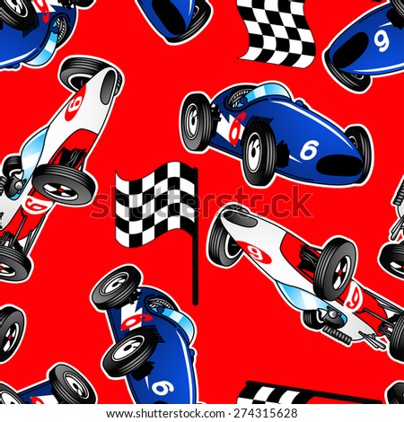 Red, white and blue racing cars seamless pattern .