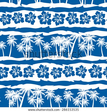 Tropical frangipani with beach palms seamless pattern .