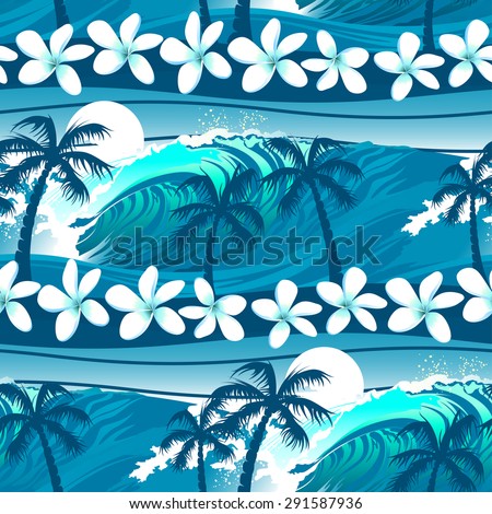 Blue tropical surfing with palm trees seamless pattern .