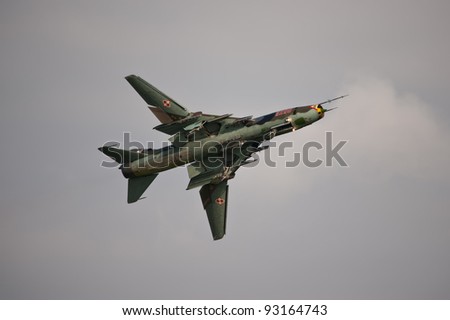 RADOM, POLAND - AUGUST 28: Polish Air Force Su-22 makes its show during Air Show Radom on August 28, 2011