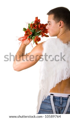 Handsome male angel with few red tulips