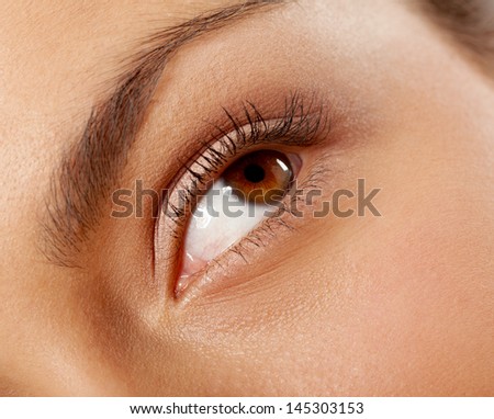 Closeup image of a woman\'s eye with long lashes