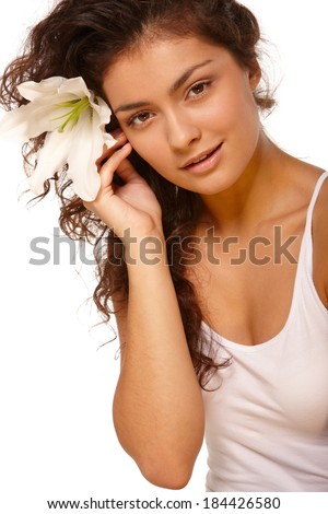White isolated beauty portrait of young woman with olive skin tone