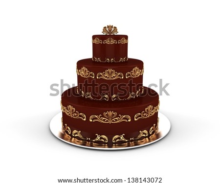Chocolate cake on three floors with gold ornaments on it isolated on white background