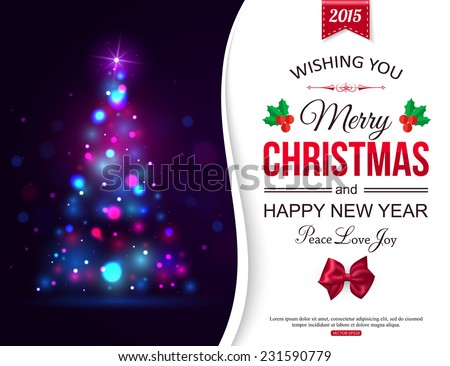 Christmas shining typographical background with xmas tree lights and place for text. Christmas card. Christmas decoration.  New year. Holiday background. Vector illustration.