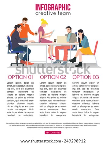 Infographic concept Creative Team. Business meeting and Coworking people for your design.  Talking and working people at the table in the office. Flat design vector illustration with place for text.