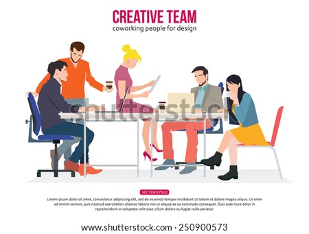 Creative Team Concept. Business meeting and Coworking people for your design.  Talking and working people at the table in the office. Flat design vector illustration with place for text.
