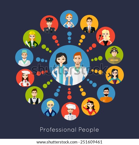 Profession people collection. Cartoon different characters and different clothes. Flat style design icons set for web and mobile applications. Vector illustration.